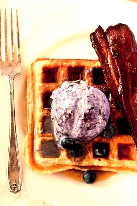 Brown Butter Waffles with No-Churn Blueberry Ice Cream