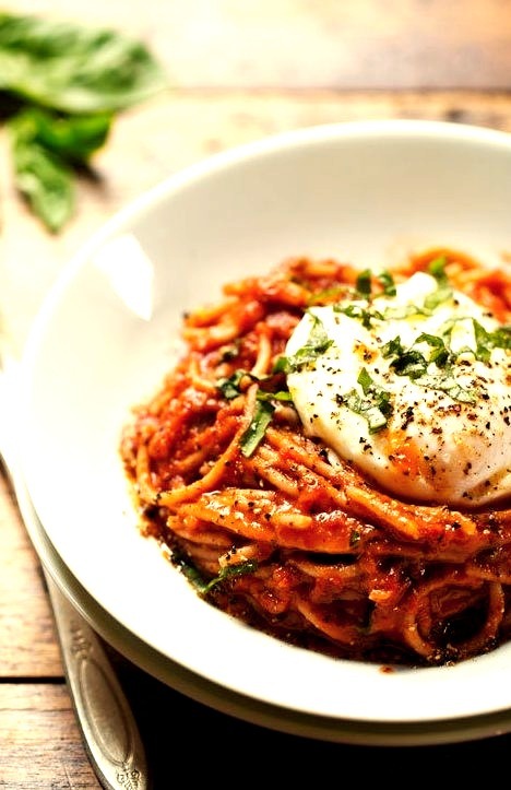 Spaghetti Marinara with Poached Eggs