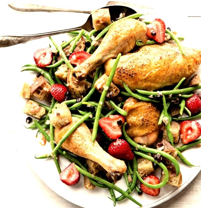 Roast Chicken & Bread Salad with Haricots Verts & Strawberries