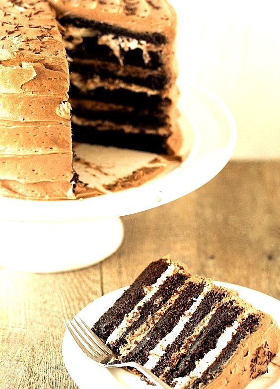 six layer chocolate cake with toasted marshmallow filling and chocolate frosting