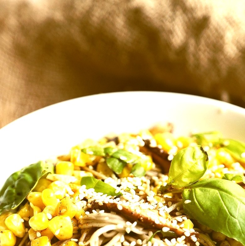 Spicy Soba Noodles with Corn and Shiitake Mushrooms