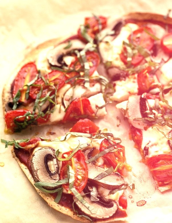 Personal Tortilla Pizza with Homemade Mozzarella, Mushrooms, Tomatoes & Basil (Vegan)